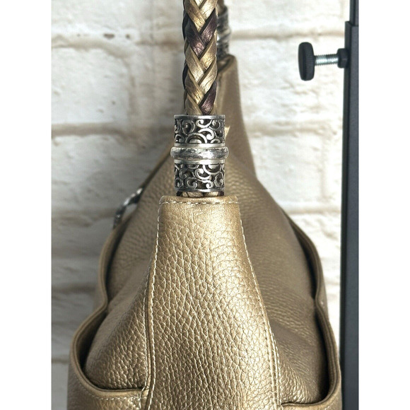 Brighton "Barbados" Gold Pebbled Leather Hobo Shoulder Bag with Braided Strap. - Picture 14 of 16